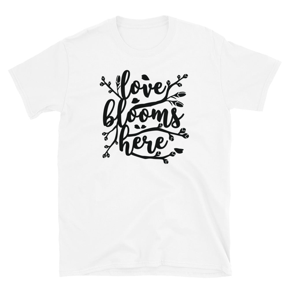 Love Blooms Here, Valentine - Fit Unisex Softstyle T-Shirt